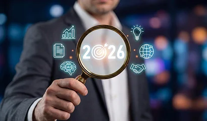 #GOB2030 nach sechs Monaten: Zwischenbilanz 2026 Geschäftsmann hält eine Lupe vor 2026, umgeben von Symbolen für Wachstum, KI und Zusammenarbeit.