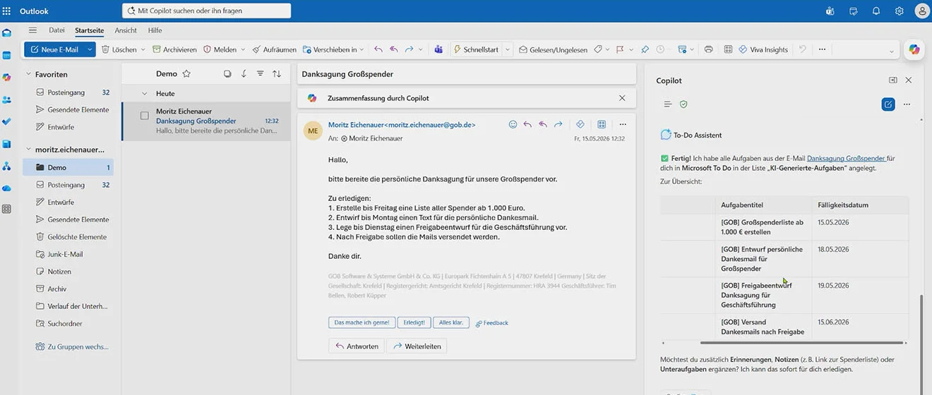 Aufgaben per KI direkt in Microsoft To Do Outlook mit Copilot-Seitenbereich, in dem ein Agent Aufgaben für Microsoft To Do aus einer E-Mail erstellt.