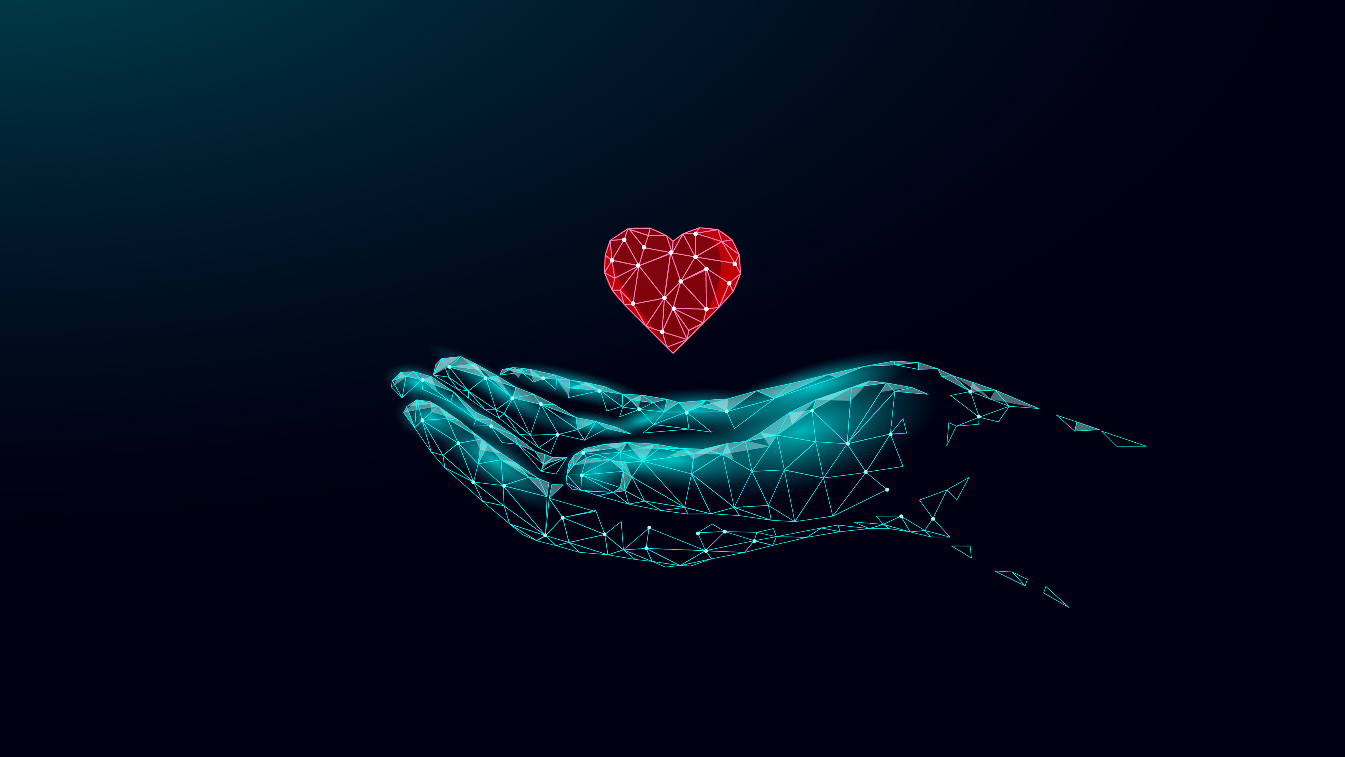 Fundraising Digital - virtuelle Hand aus Lichteffekten mit schwebendem virteuellen Herz
