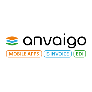 Anvaigo logo with icons and lettering for mobile apps, web apps and EDI solutions for businesses