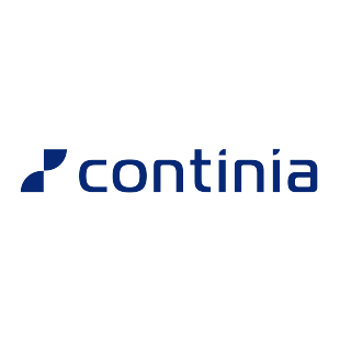 Continia logo with dark blue word mark and stylised symbol on a white background