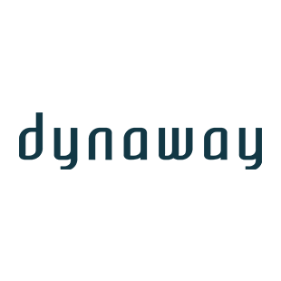 Logo of the company Dynaway with dark blue, rounded lettering on a white Background